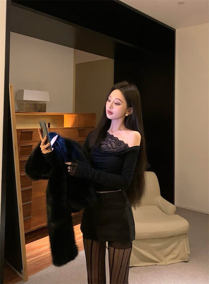 Apr. 輕透舒芙蕾 簡約純色蕾絲拼接領長袖上衣 黑/灰