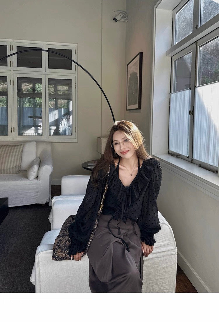 25Dec. 浪漫波卡氣質荷葉雪紡泡泡襯衫 黑