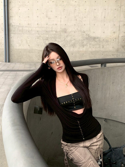 25Dec. 性感韓團女縷空錨釘上衣 黑