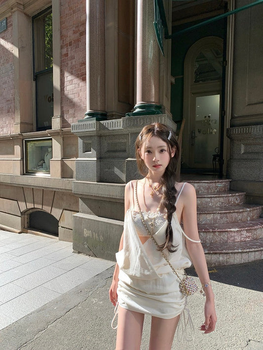 Mar. 豆蔻少女 立體繡花拼接蘯領抽繩連身裙 白