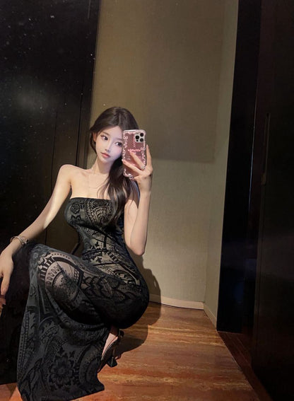 26Sep. 暗黑美姬 復古印花抹胸開衩連身裙