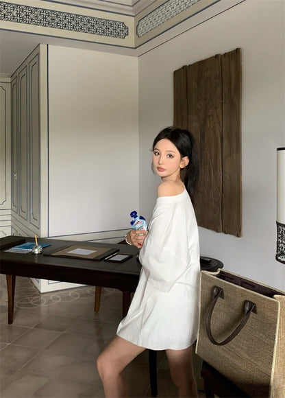 Jun. 在家舒適穿美式寬鬆中長款短袖上衣 白