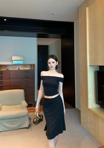 25Sep. 輕熟御姐一字領七分裙套裝 黑