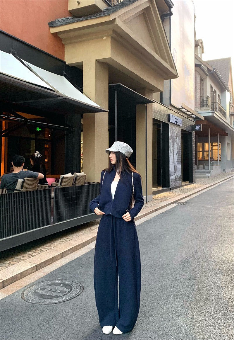 26Jan. 休閒運動華夫格立領外套休閒褲套裝 藏青/杏