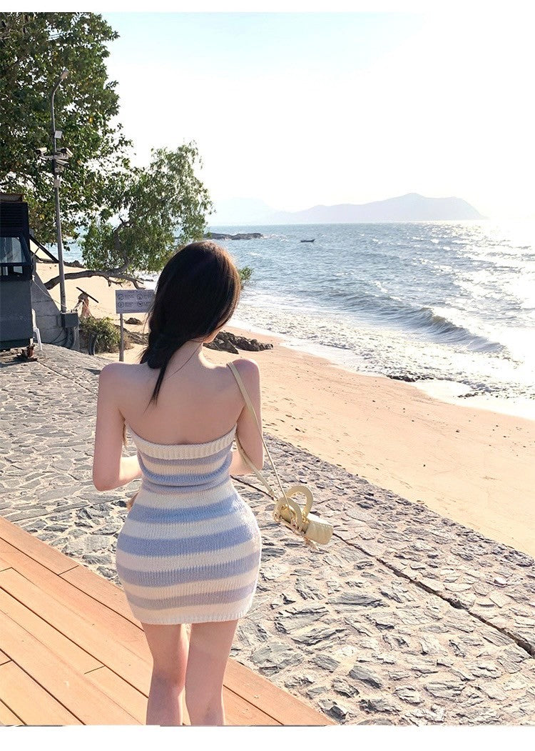 Mar. 外灘島季 寶寶藍條紋針織抹胸連身裙