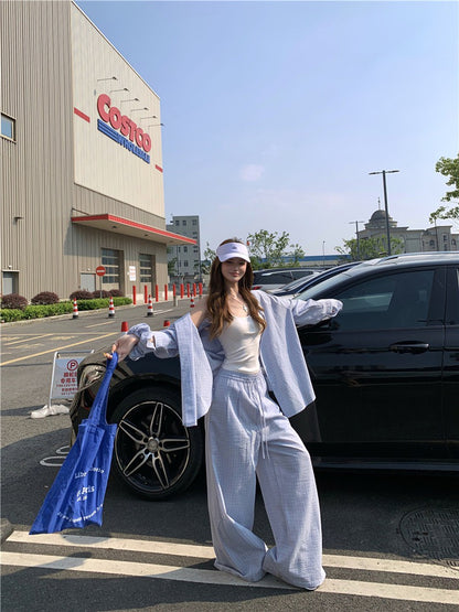 Jun. 奶藍泡芙休閒輕氧格紋襯衫 同花紋休閒褲 淺藍格紋