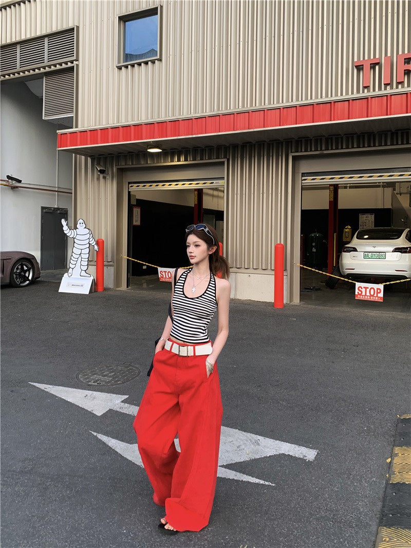 Jun. 經典炸街step高彩度紅色闊腿休閒褲 百搭條紋掛脖背心