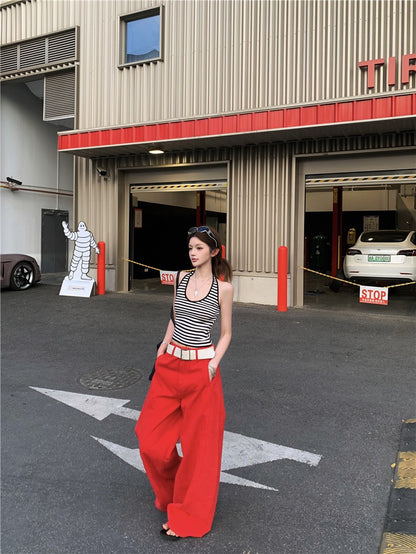 Jun. 經典炸街step高彩度紅色闊腿休閒褲 百搭條紋掛脖背心