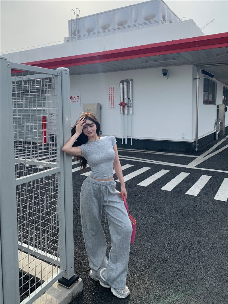 May. 清爽公式 簡約慵懶美式緊身上衣 鬆緊抽繩棉褲 灰