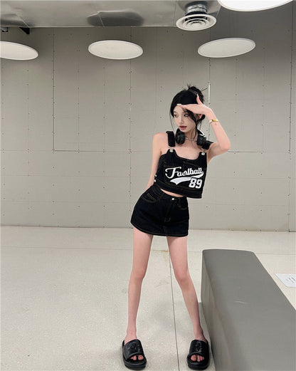 Jun. 甜辣工裝設計字母吊帶背心 半身褲裙