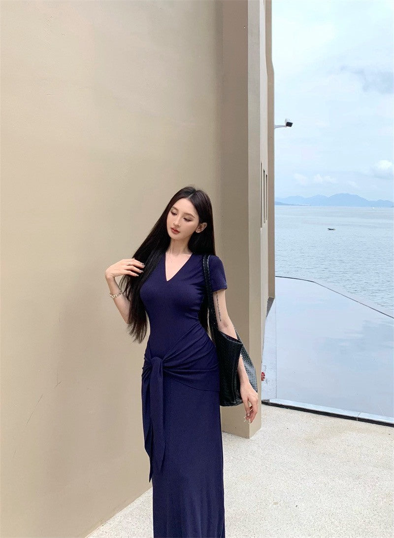 25Aug. 一件式穿不膩繫帶V領短袖連身長裙 藏藍/咖