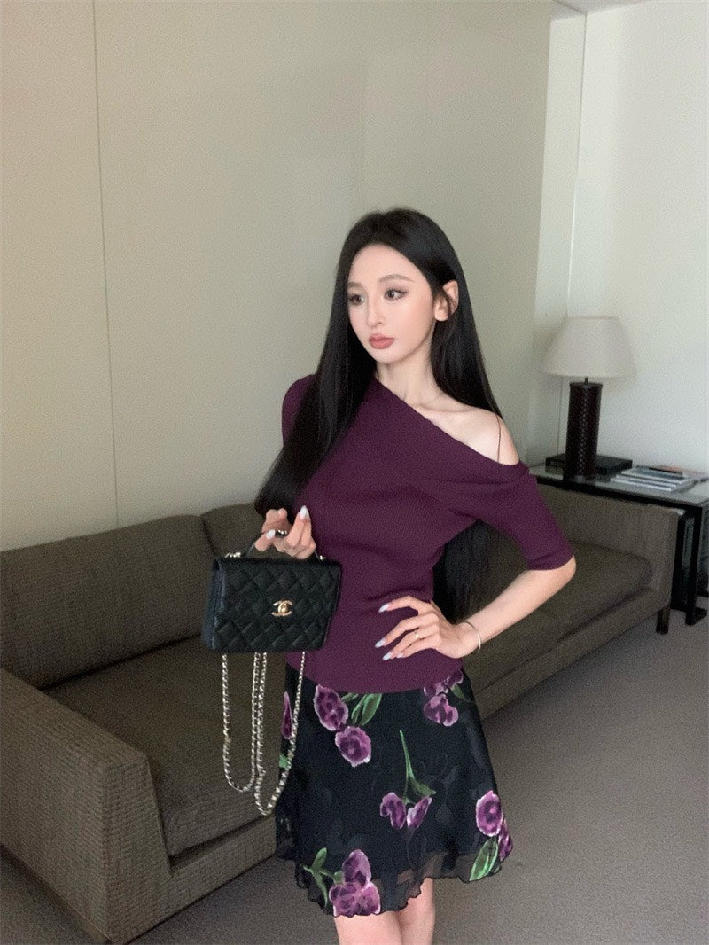 Jun. 半熟女伶 斜領修身針織上衣 紫 復古花網紗半身裙 紫