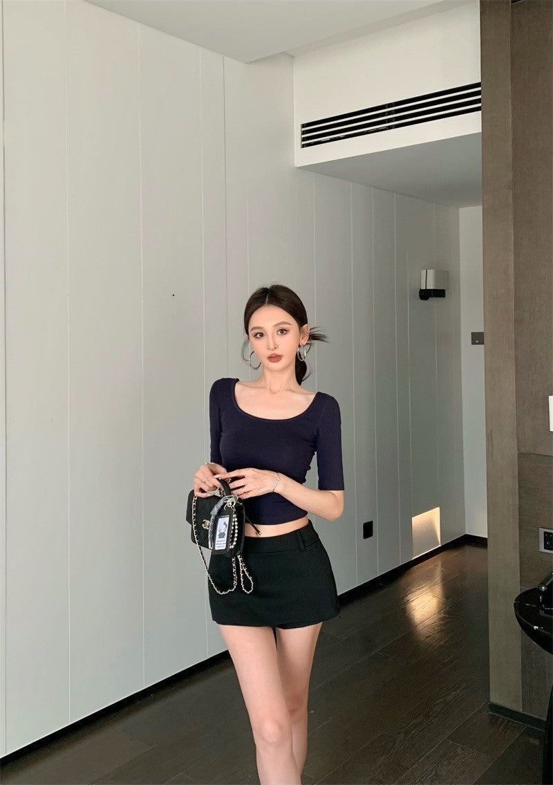 Jun. 日美氣質 修身大U領中袖上衣 藏藍 低腰側拉鍊褲裙 黑色褲裙