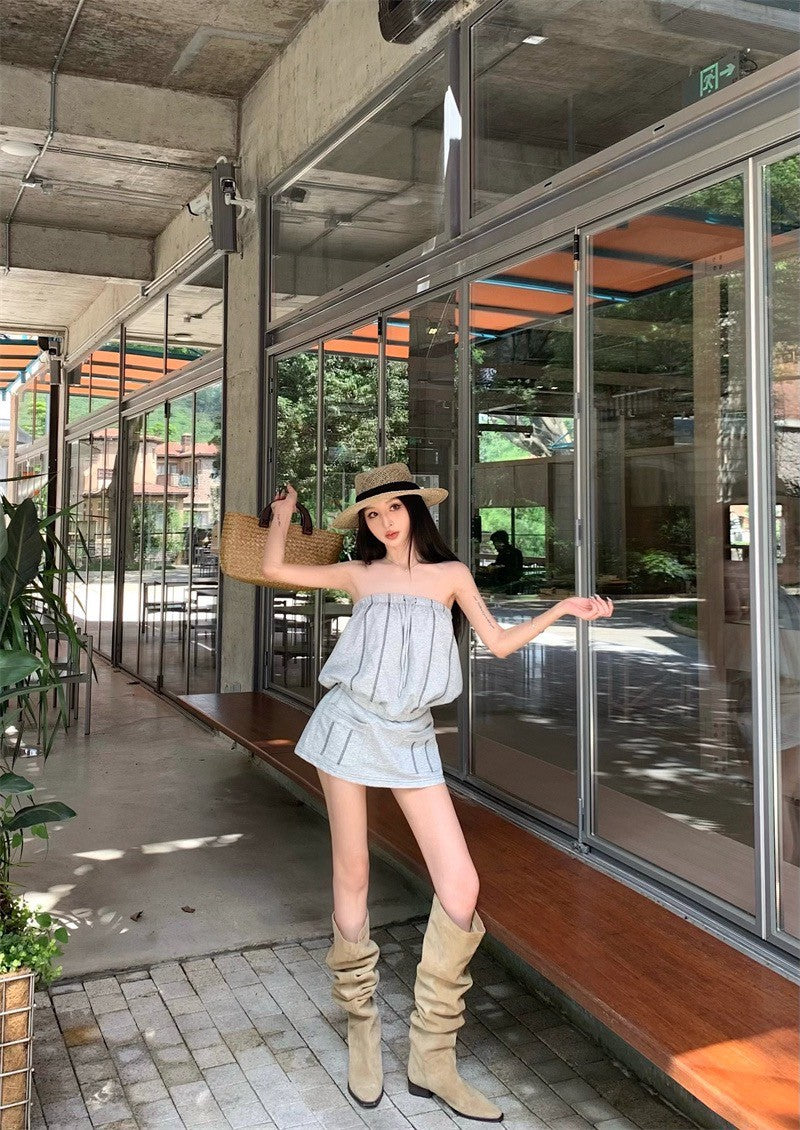 25Aug. 女團人物鬆緊撞色抹胸收腰連身裙 灰