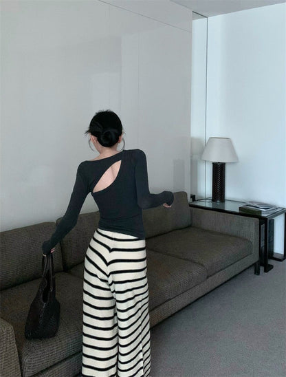 Apr. 舒適居家 簡約不規則後背縷空上衣 橫紋闊腿褲