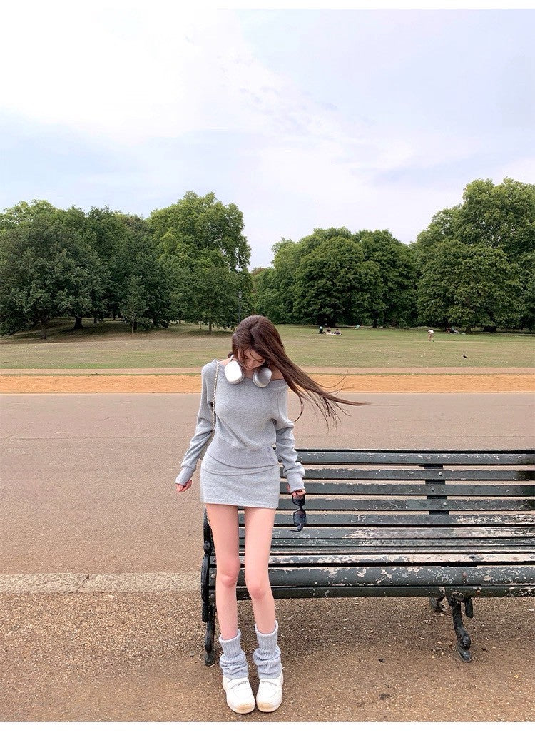 25Oct. 海德度假風 慵懶斜肩設計感半身裙套裝 灰