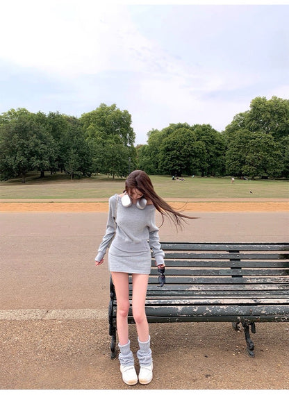 25Oct. 海德度假風 慵懶斜肩設計感半身裙套裝 灰