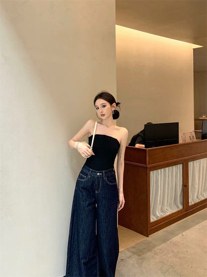Jun. 古典攻略 魚骨曲線修身抹胸 黑 遮胯寬顯瘦高腰牛仔褲