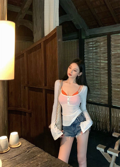 Apr. 疊搭純欲性感 透視感U領上衣 螢光色系吊帶