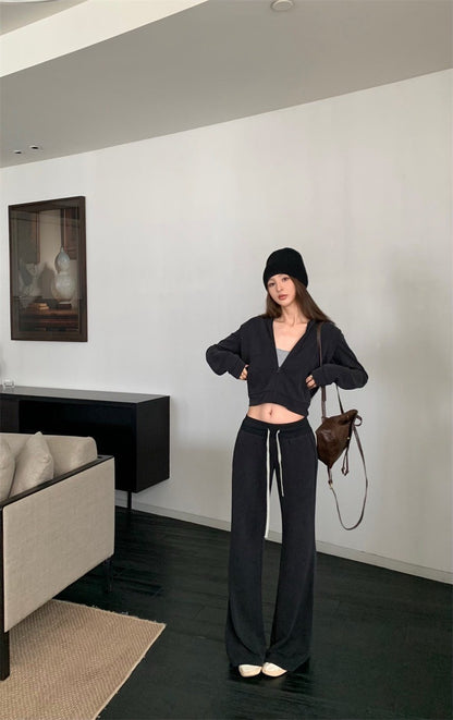 25Jul. 韓系休閒遛噠連帽短外套 抽繩喇叭褲 深灰