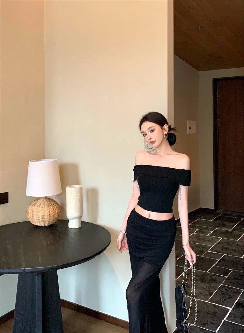 Jun. 淺辣girl 復古一字領透紗半身裙套裝 黑