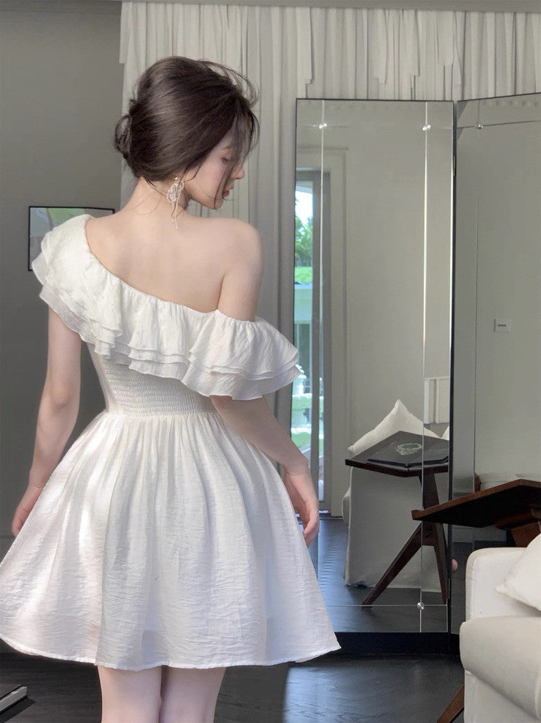 25Aug. 高光時刻法式斜領荷葉收腰連身裙 短款/長款