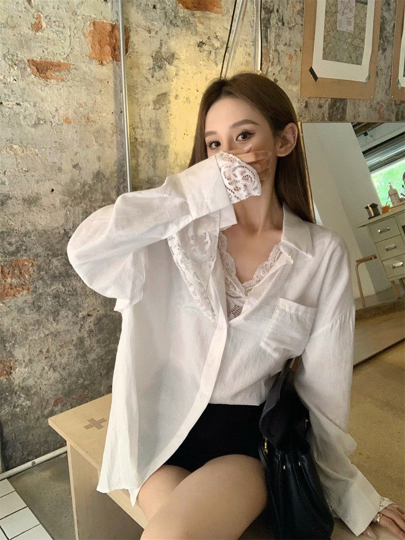 Jun. 慵懶清爽白色口袋襯衫 蕾絲打底花袖白色上衣