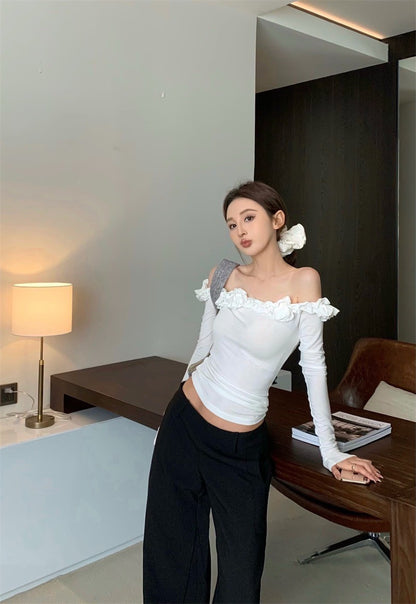 May. 花瓣少女 顯瘦一字領花邊修身上衣 米色