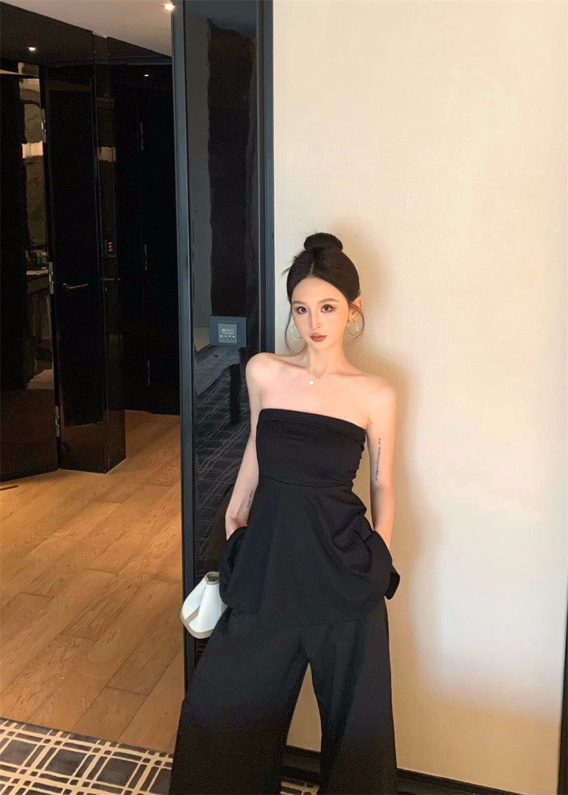 25Nov. 法式輕奢感收腰抹胸 高腰闊腿褲 黑