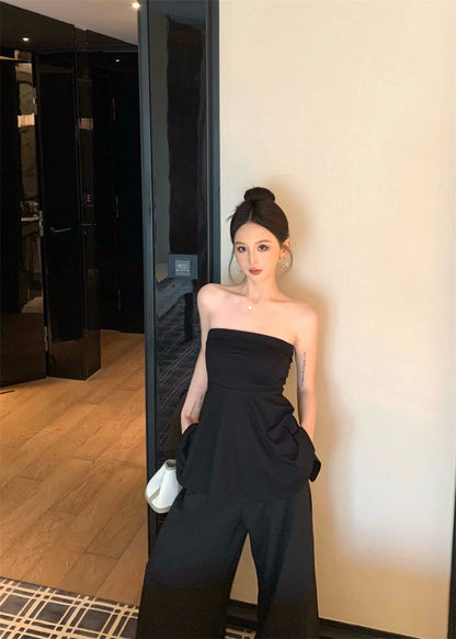 25Nov. 法式輕奢感收腰抹胸 高腰闊腿褲 黑