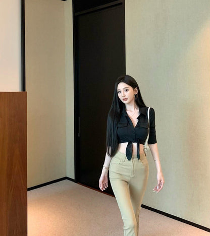 Jun. 辣復古 綁帶短款襯衫 黑 高腰卡其修身喇叭褲