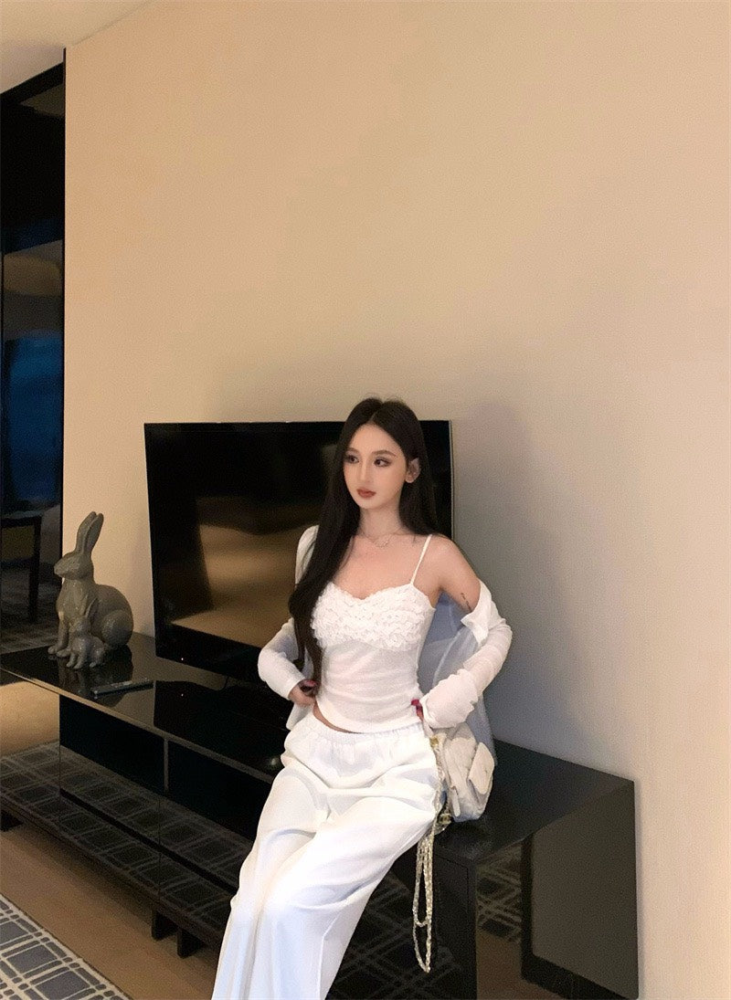 25Nov. 花邊少女顯瘦背心開衫2件組 白色鬆緊休閒褲