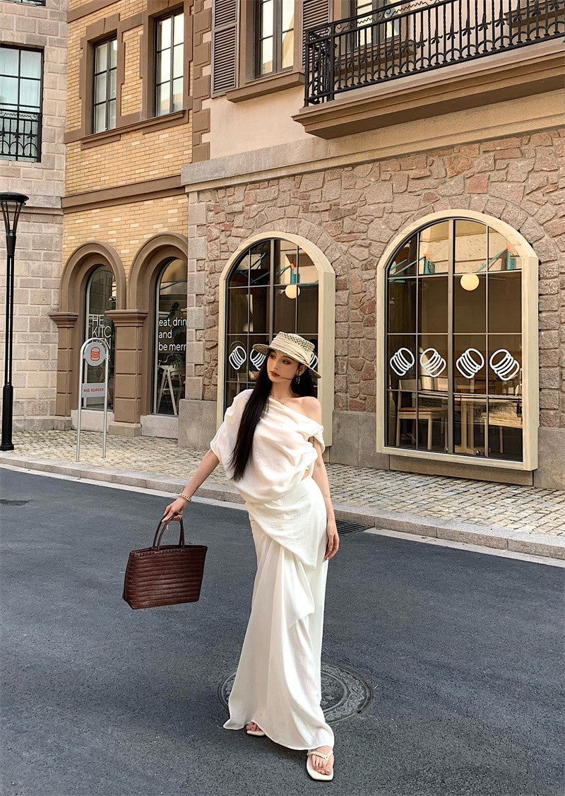 25Aug. 設計師款高雅斜肩上衣不規則剪裁裙套裝