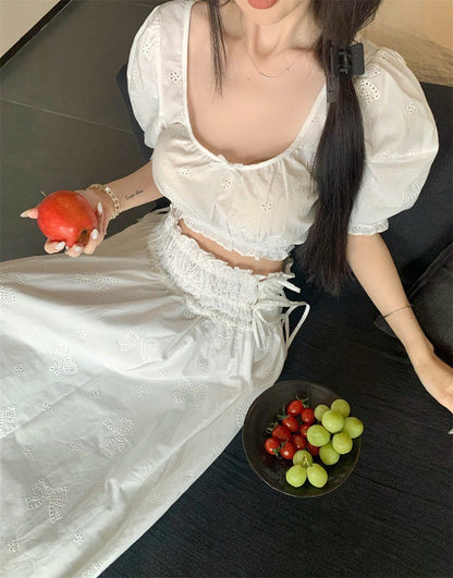 25Jul. 法式初戀小白花泡泡半身裙套裝 白