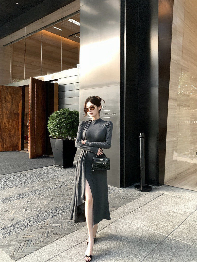 26Jan. 御姐風範不規則開叉包襟連身裙 灰