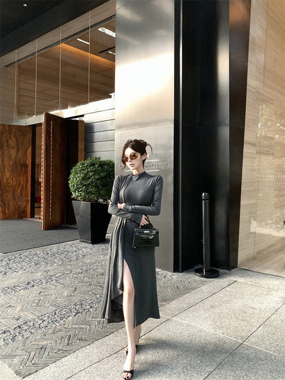 26Jan. 御姐風範不規則開叉包襟連身裙 灰