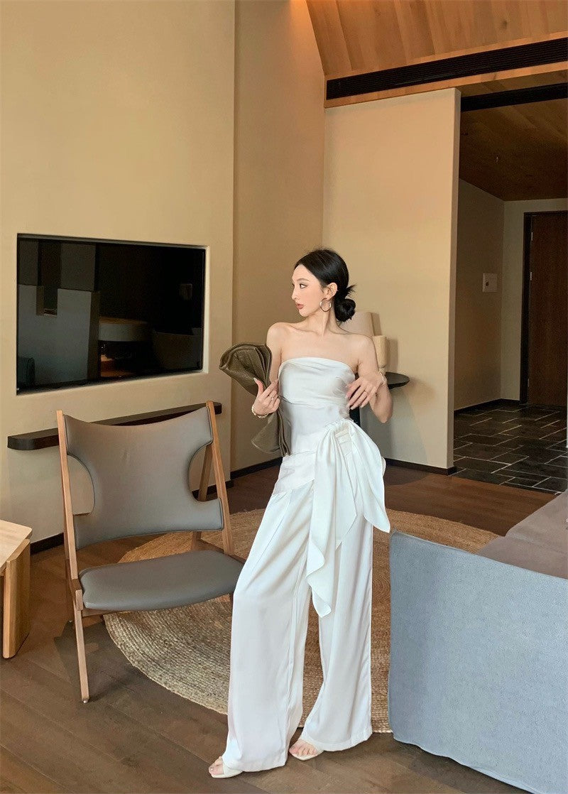 May. 米蘭假期 優雅可拆絲帶抹胸 休閒闊腿褲 白