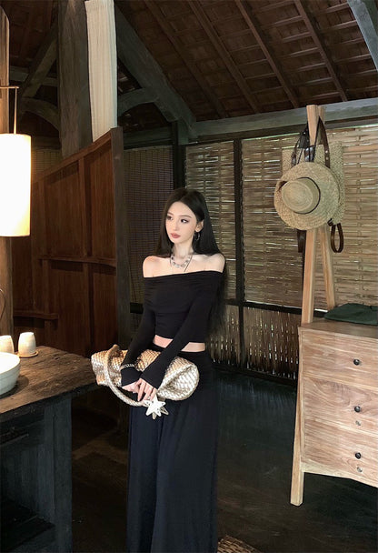 Apr. 法式浪漫 氣質一字翻領高腰抓皺半身裙套裝 黑