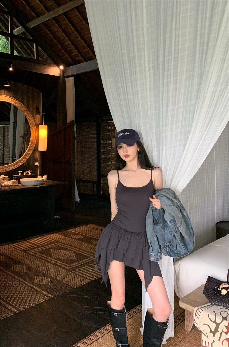 May. 歐美土廢風 少女背心拼接蛋糕連身裙 灰