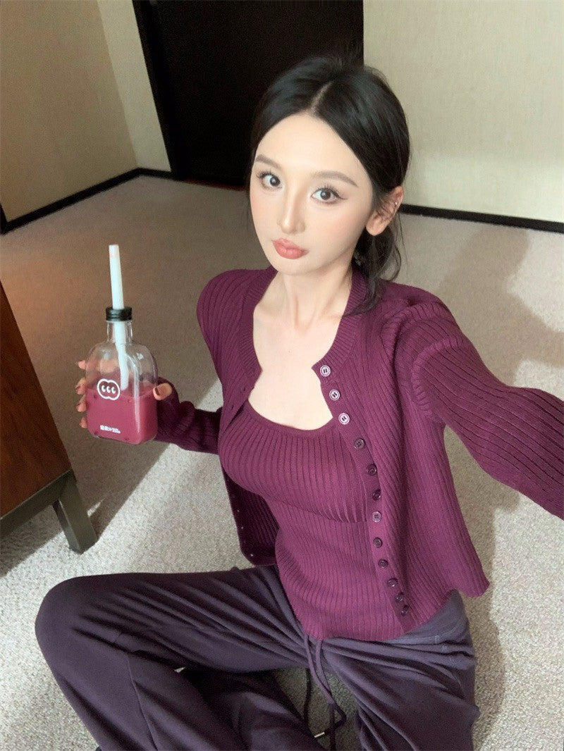 25Dec. 韻味熟女簡約針織上衣2件套 抽繩休閒褲 紫色系