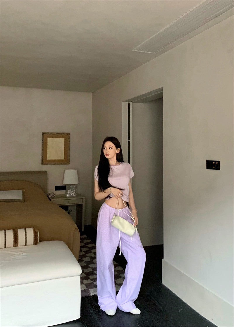 25Jul. 簡約控 居家休閒圓領上衣 條紋鬆緊休閒褲 粉紫