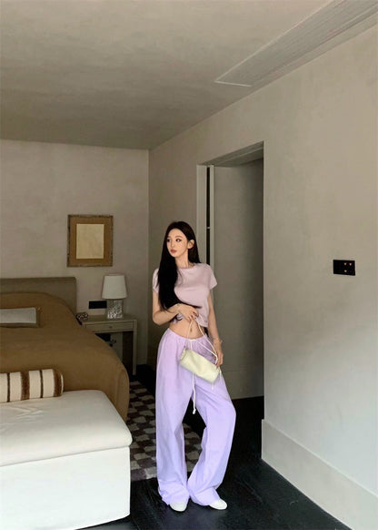 25Jul. 簡約控 居家休閒圓領上衣 條紋鬆緊休閒褲 粉紫