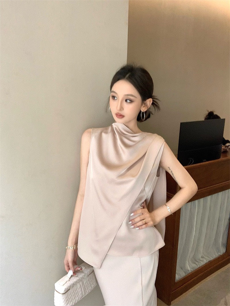 Jun. 羅馬Intellectual新法式緞感飄帶背心半身裙套裝 粉杏