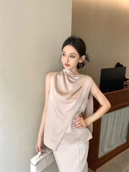 Jun. 羅馬Intellectual新法式緞感飄帶背心半身裙套裝 粉杏