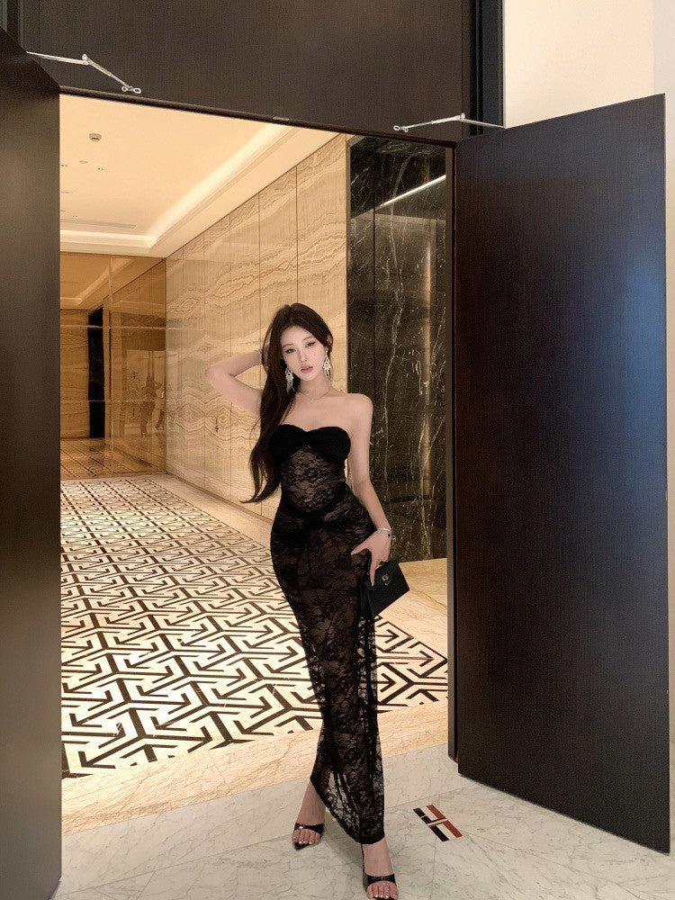 26Apr. 性感蠍女緹花蕾絲抹胸連身裙 黑