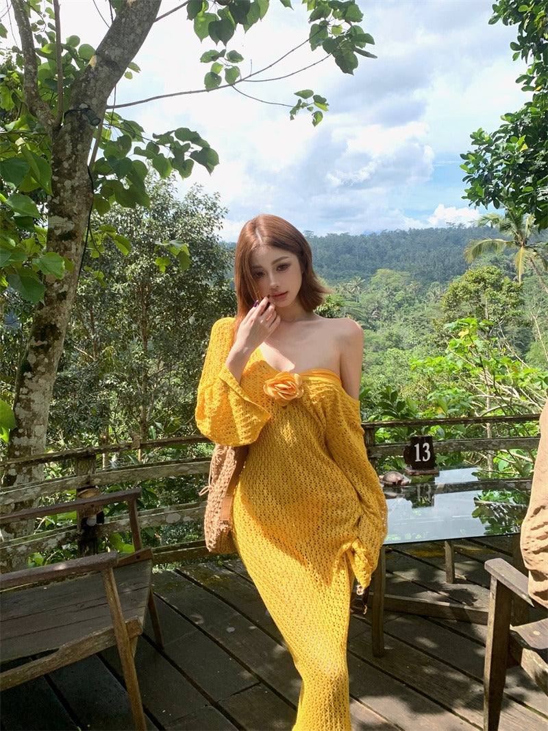 25Oct. 泰蘭德度假 多穿縷空針織連身裙/花朵比基尼套裝 黃