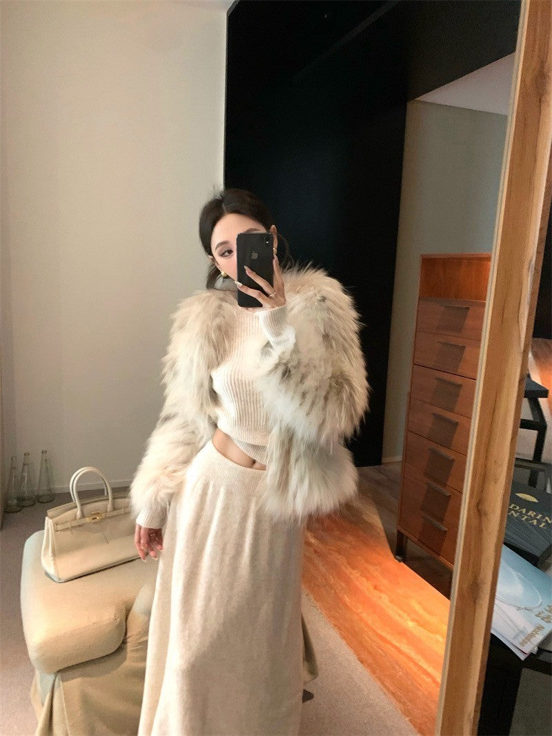 Feb. 時髦三件套 清冷感美人針織上衣半身裙 奶杏