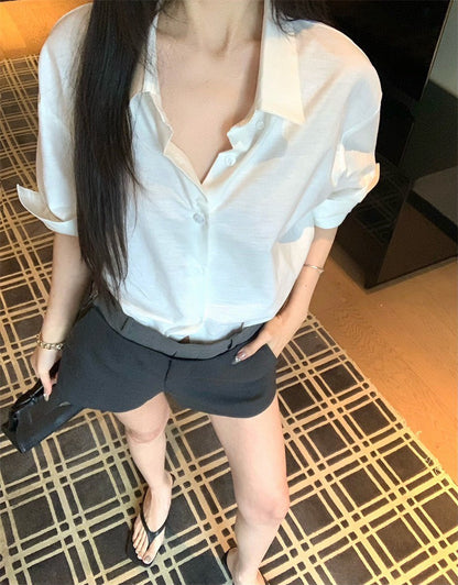 25Jul. 休閒時尚 簡約設計襯衫 拼色褲頭短褲