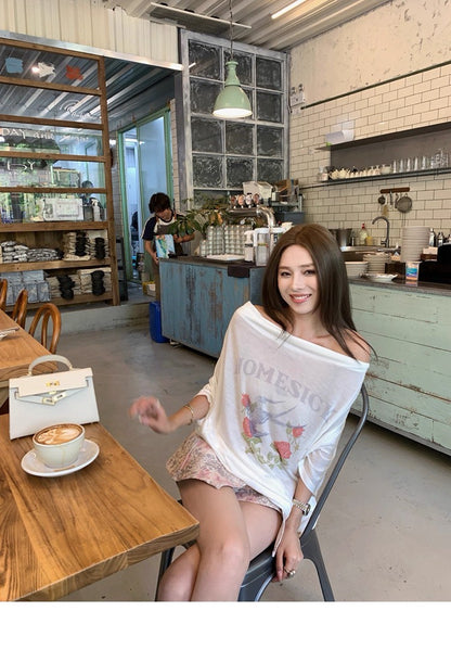 25Aug. 休閒透棉薄料金珍妮同款斜肩上衣