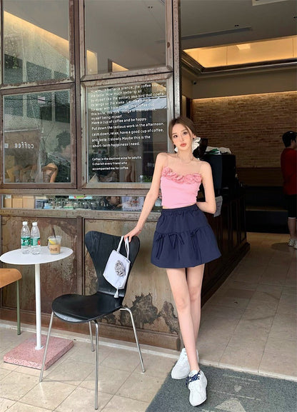 May. 梨花洋溢 俏皮立體花朵背心 粉/黑 顯瘦藍色A字裙